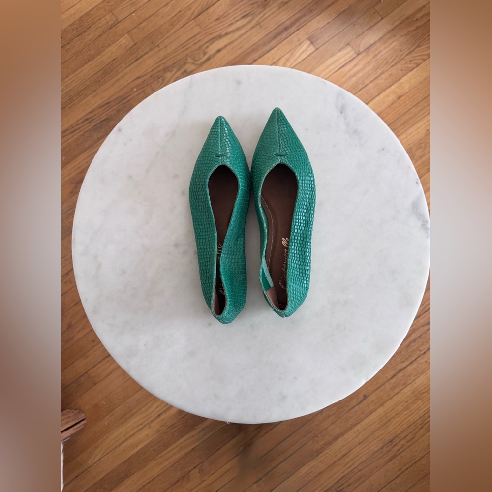 L'INTERVALLE Green Leather Teal Textured Pointed-Toe Flats